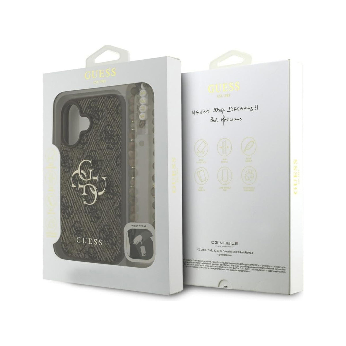 GUESS iPhone 16 Case – Brown Faux Leather Case with Classic 4G Logo and Pearl Strap, Elegant Design and Precise Fit