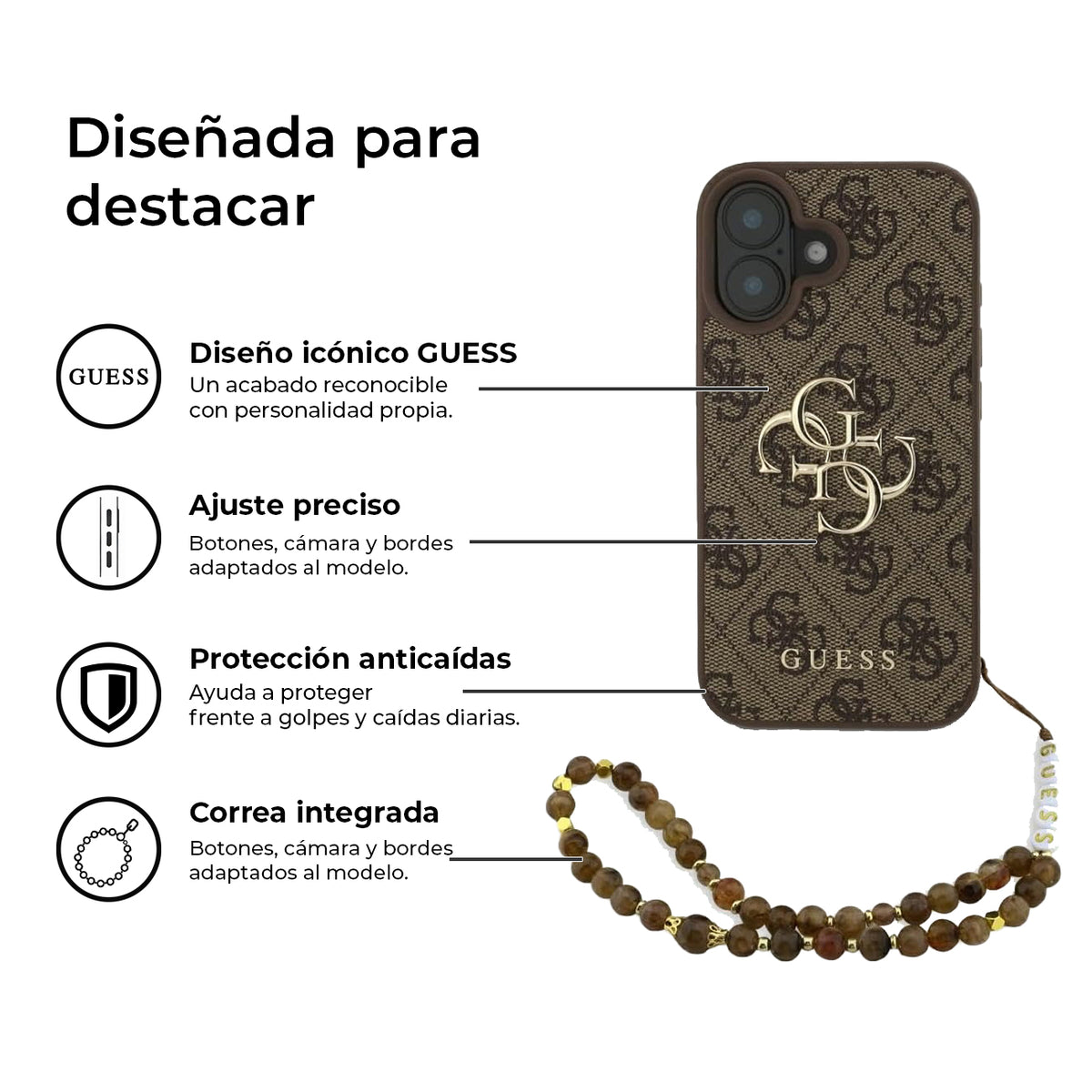 GUESS iPhone 16 Case – Brown Faux Leather Case with Classic 4G Logo and Pearl Strap, Elegant Design and Precise Fit