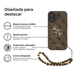 GUESS Funda de Polipiel Logo 4G Clásico para iPhone 16 con Correa de Perlas y Protección Anticaídas, Marrón