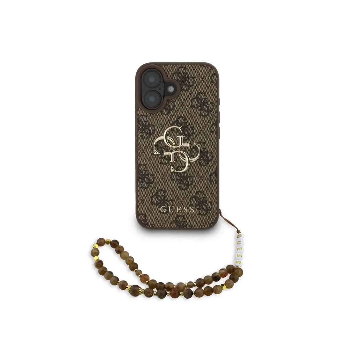 Guess iPhone 16 Plus Case - Brown Faux Leather Cover with Classic 4G Logo and Pearl Strap, Drop Protection and Precise Fit
