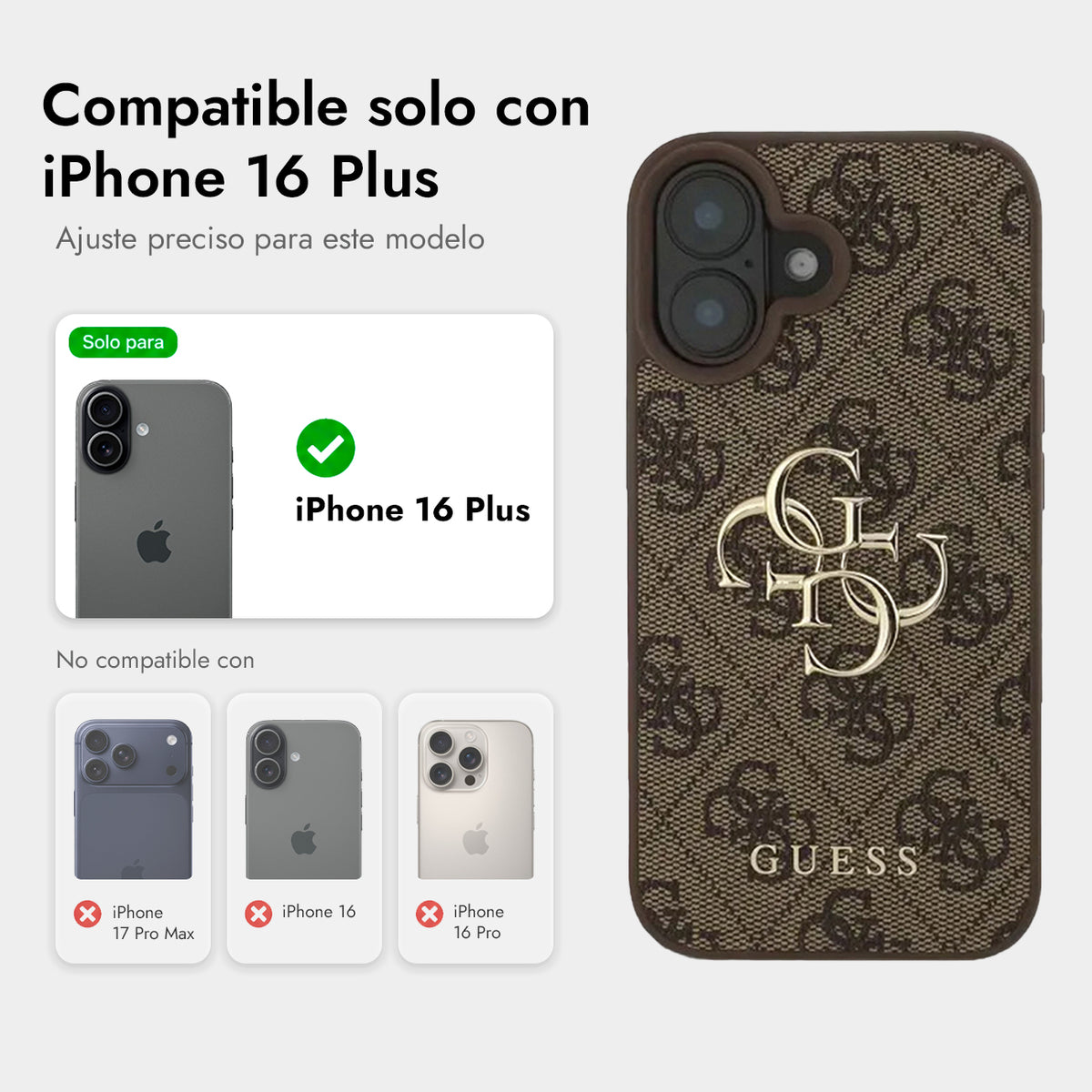 Guess iPhone 16 Plus Case - Brown Faux Leather Cover with Classic 4G Logo and Pearl Strap, Drop Protection and Precise Fit