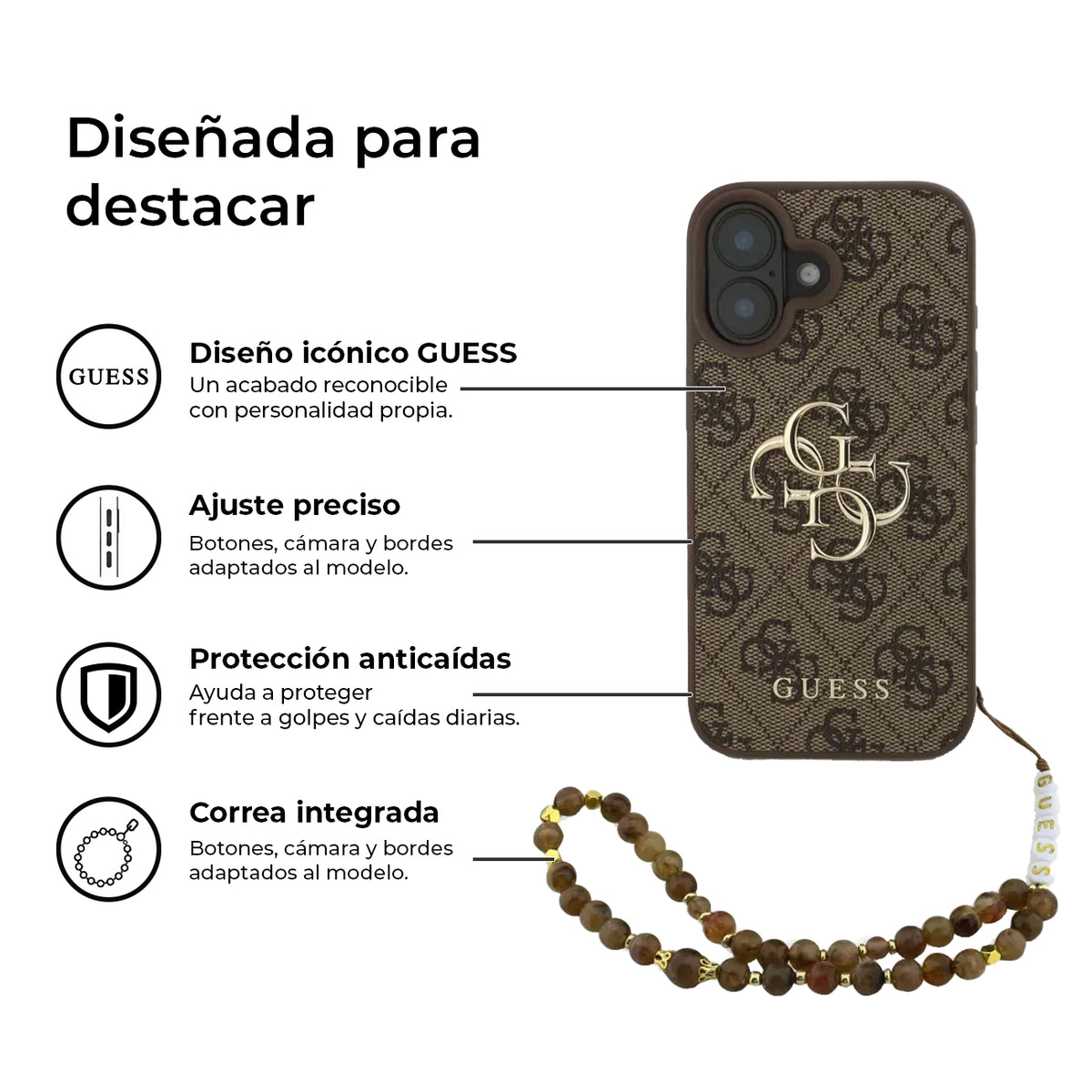 Guess iPhone 16 Plus Case - Brown Faux Leather Cover with Classic 4G Logo and Pearl Strap, Drop Protection and Precise Fit