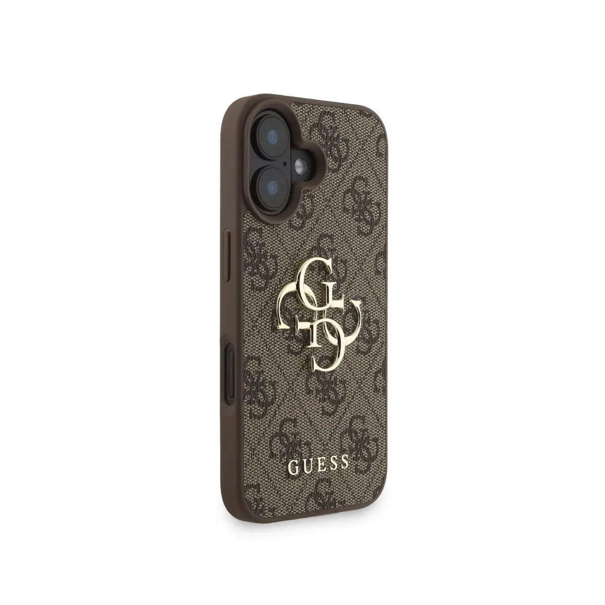 Guess iPhone 16 Plus Case - Brown Faux Leather Cover with Classic 4G Logo and Pearl Strap, Drop Protection and Precise Fit