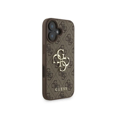 Guess Funda para iPhone 16 Plus – Carcasa de Polipiel Marrón con Logo 4G Clásico y Correa de Perlas, Protección Anticaídas y Ajuste Preciso