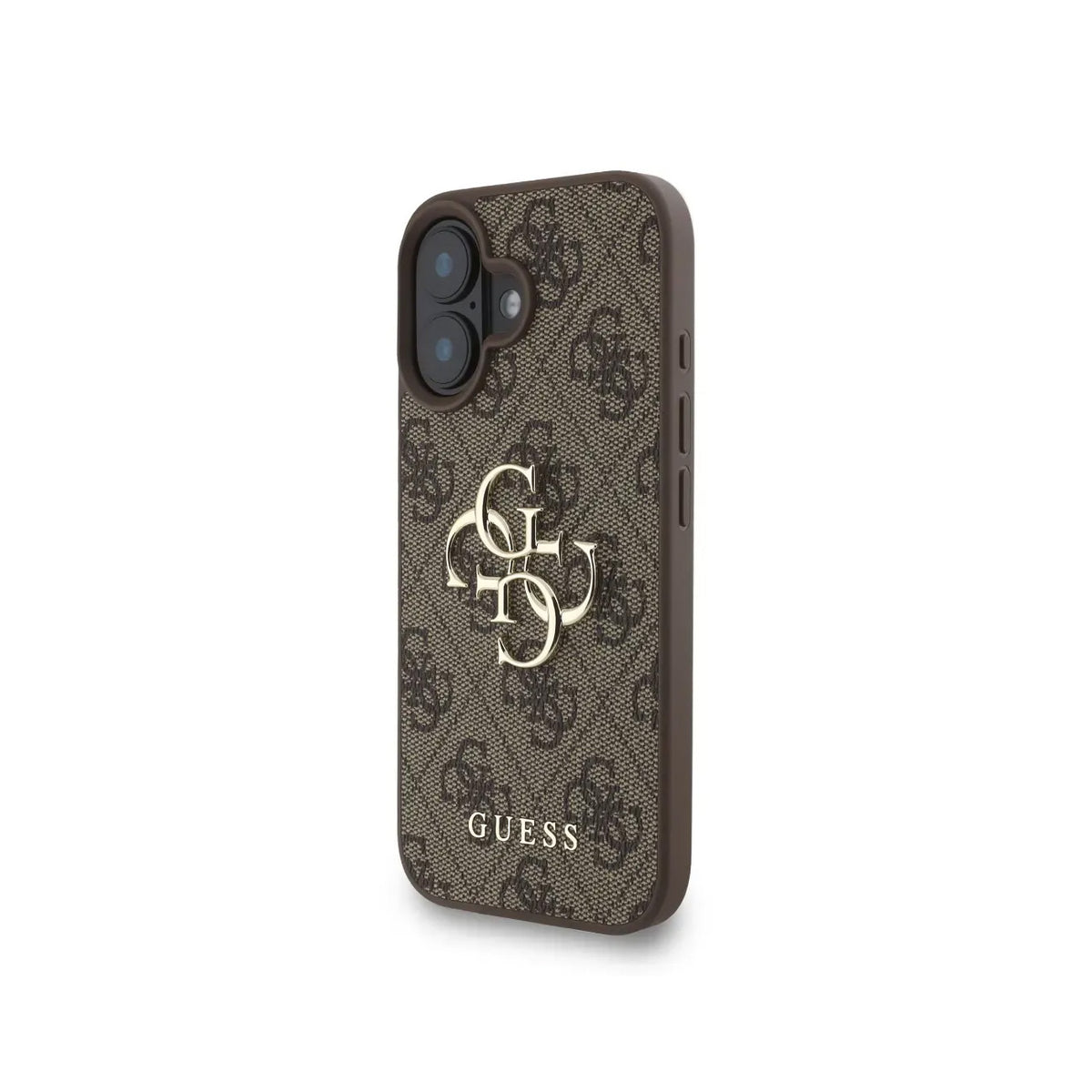 Guess iPhone 16 Plus Case - Brown Faux Leather Cover with Classic 4G Logo and Pearl Strap, Drop Protection and Precise Fit