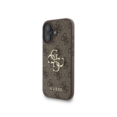 Guess Funda para iPhone 16 Plus – Carcasa de Polipiel Marrón con Logo 4G Clásico y Correa de Perlas, Protección Anticaídas y Ajuste Preciso