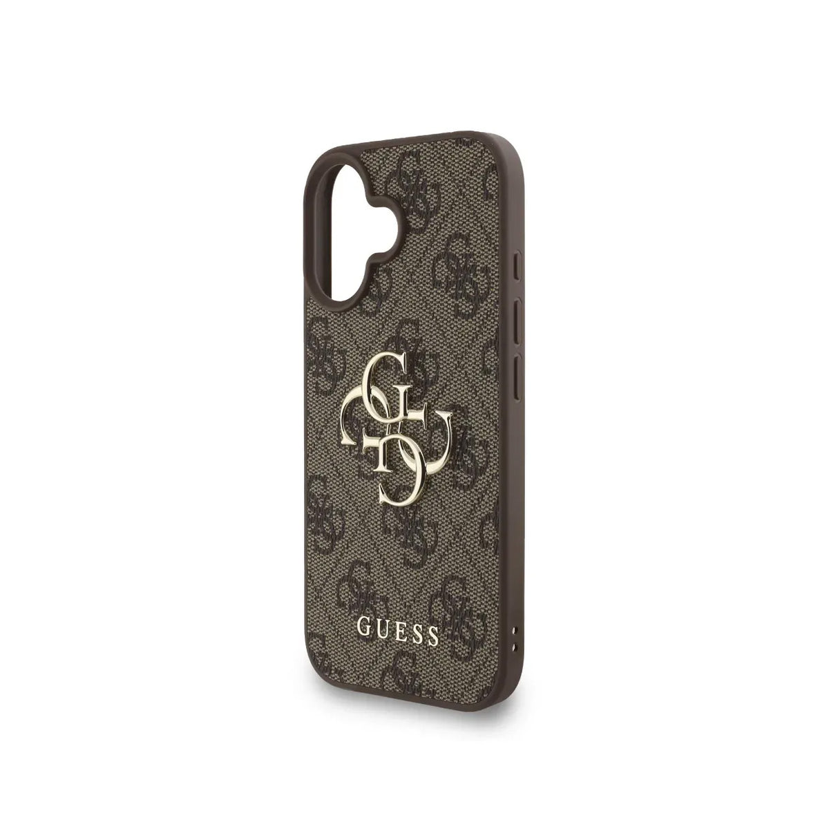 Guess iPhone 16 Plus Case - Brown Faux Leather Cover with Classic 4G Logo and Pearl Strap, Drop Protection and Precise Fit