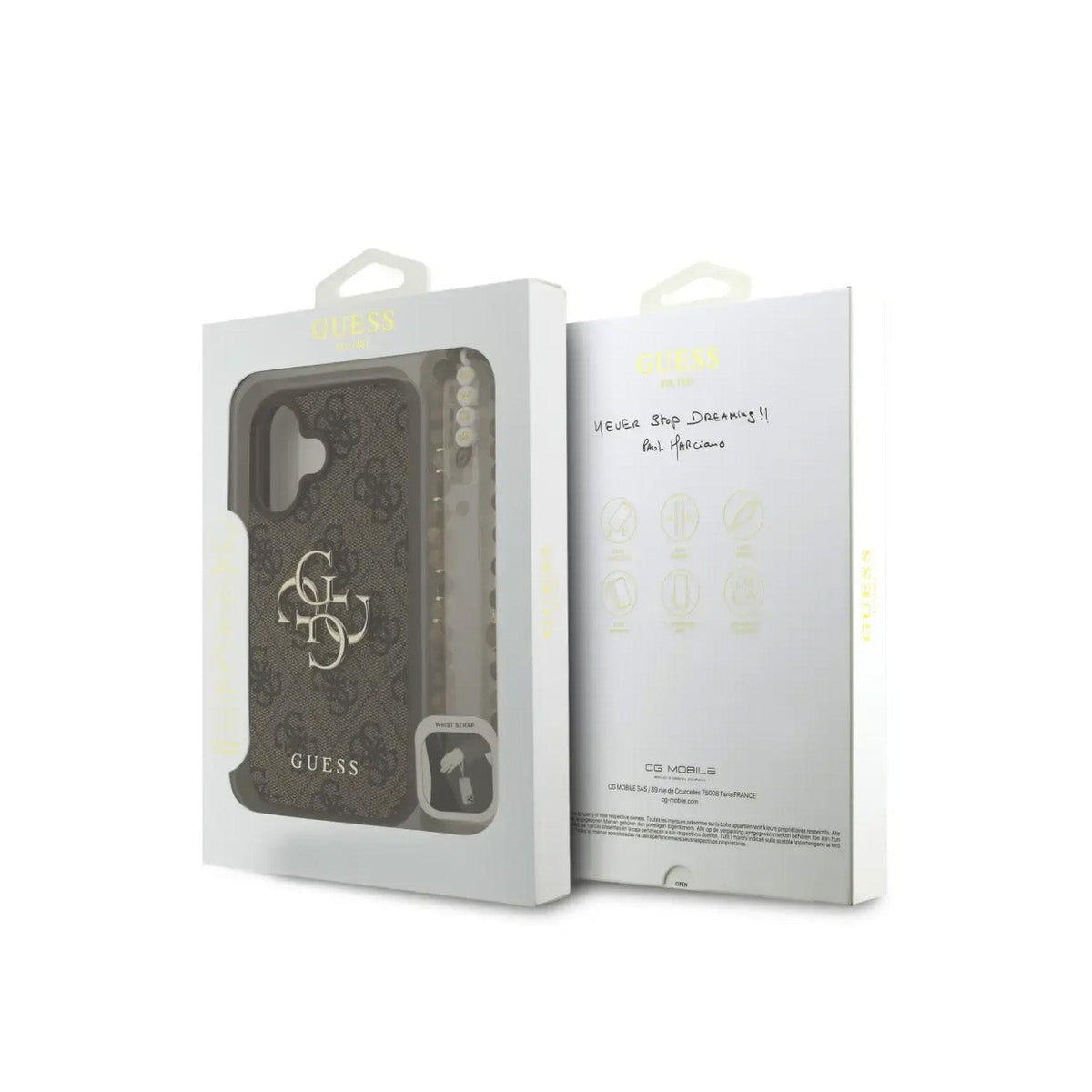 Guess iPhone 16 Plus Case - Brown Faux Leather Cover with Classic 4G Logo and Pearl Strap, Drop Protection and Precise Fit