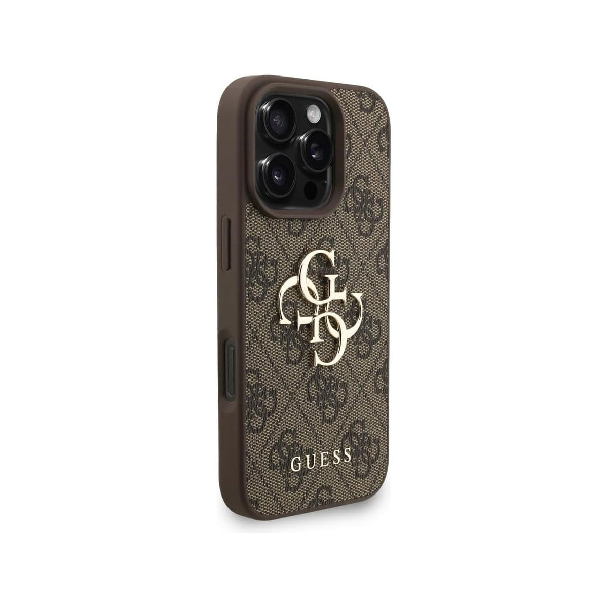 Guess Funda de Polipiel Logo 4G Clásico para iPhone 16 Pro con Correa de Perlas y Protección Anticaídas, Marrón