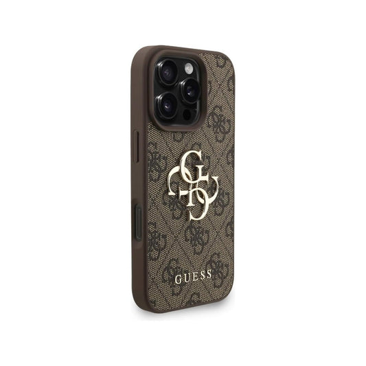 Guess Funda para iPhone 16 Pro – Carcasa de Polipiel Marrón con Logo 4G Clásico y Correa de Perlas, Protección Anticaídas y Ajuste Preciso