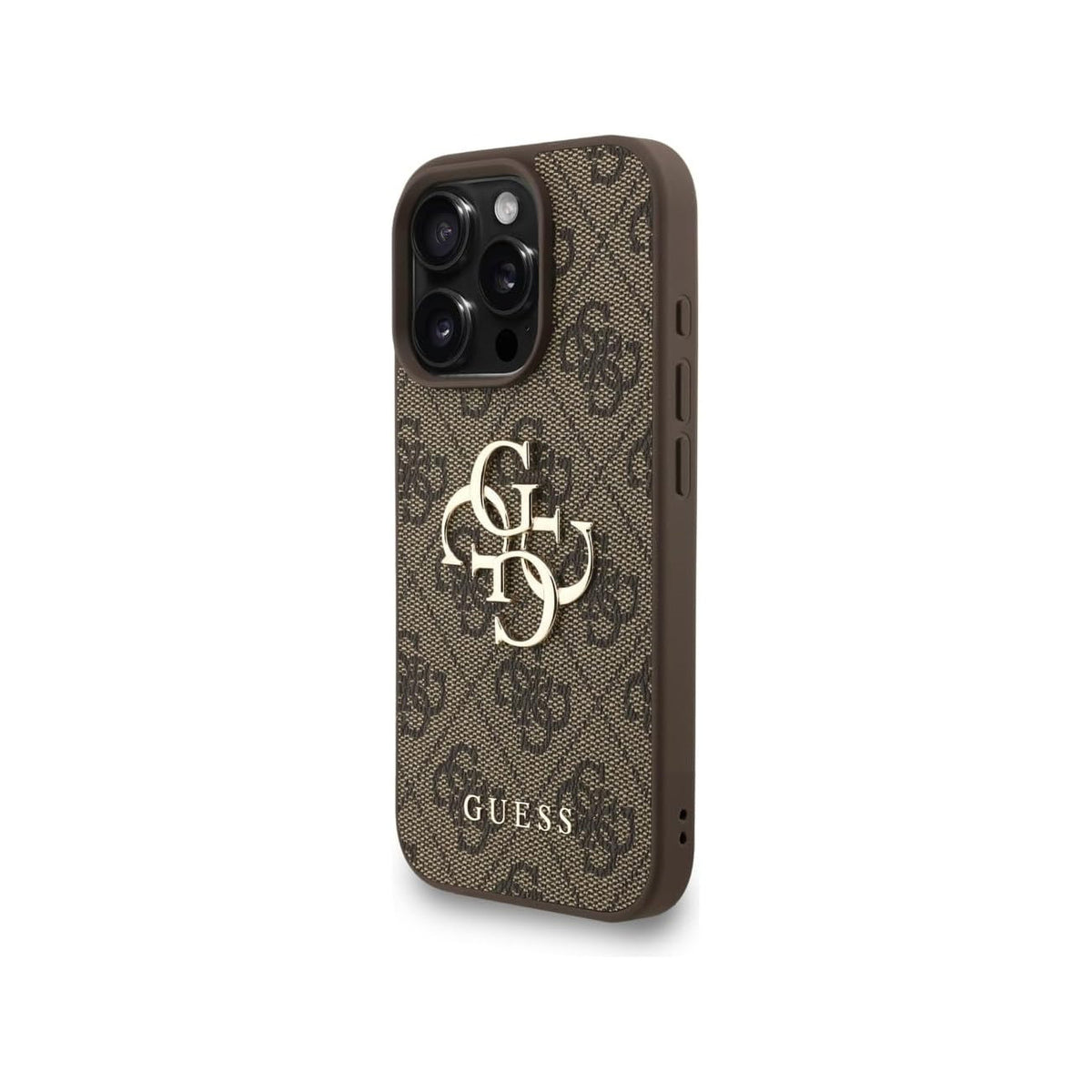 Guess Funda de Polipiel Logo 4G Clásico para iPhone 16 Pro con Correa de Perlas y Protección Anticaídas, Marrón
