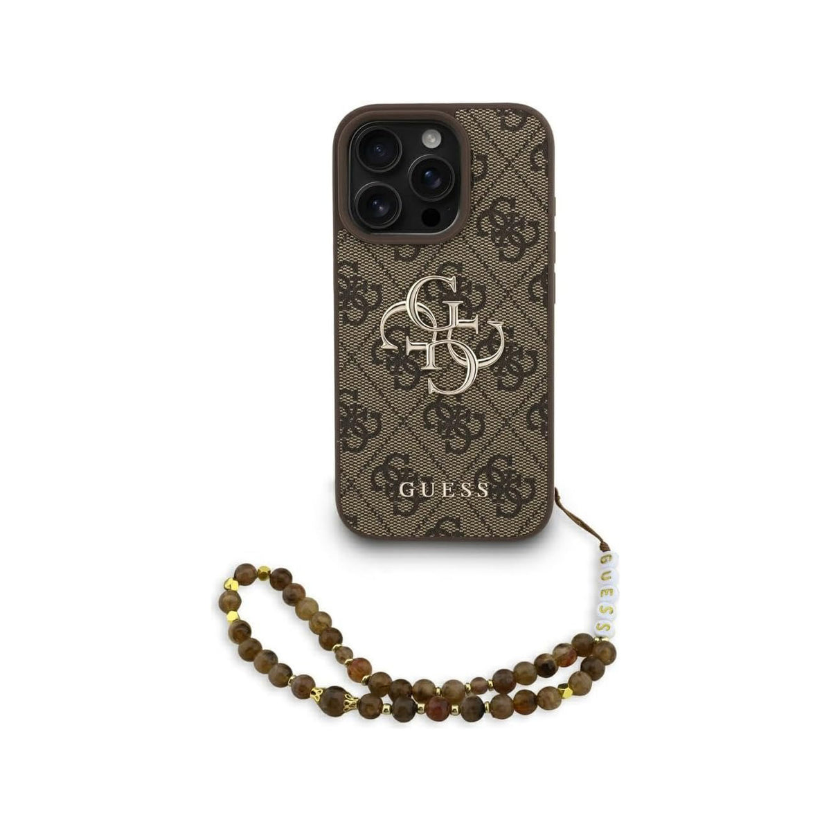 Guess Funda de Polipiel Logo 4G Clásico para iPhone 16 Pro Max con Correa de Perlas y Protección Anticaídas, Marrón