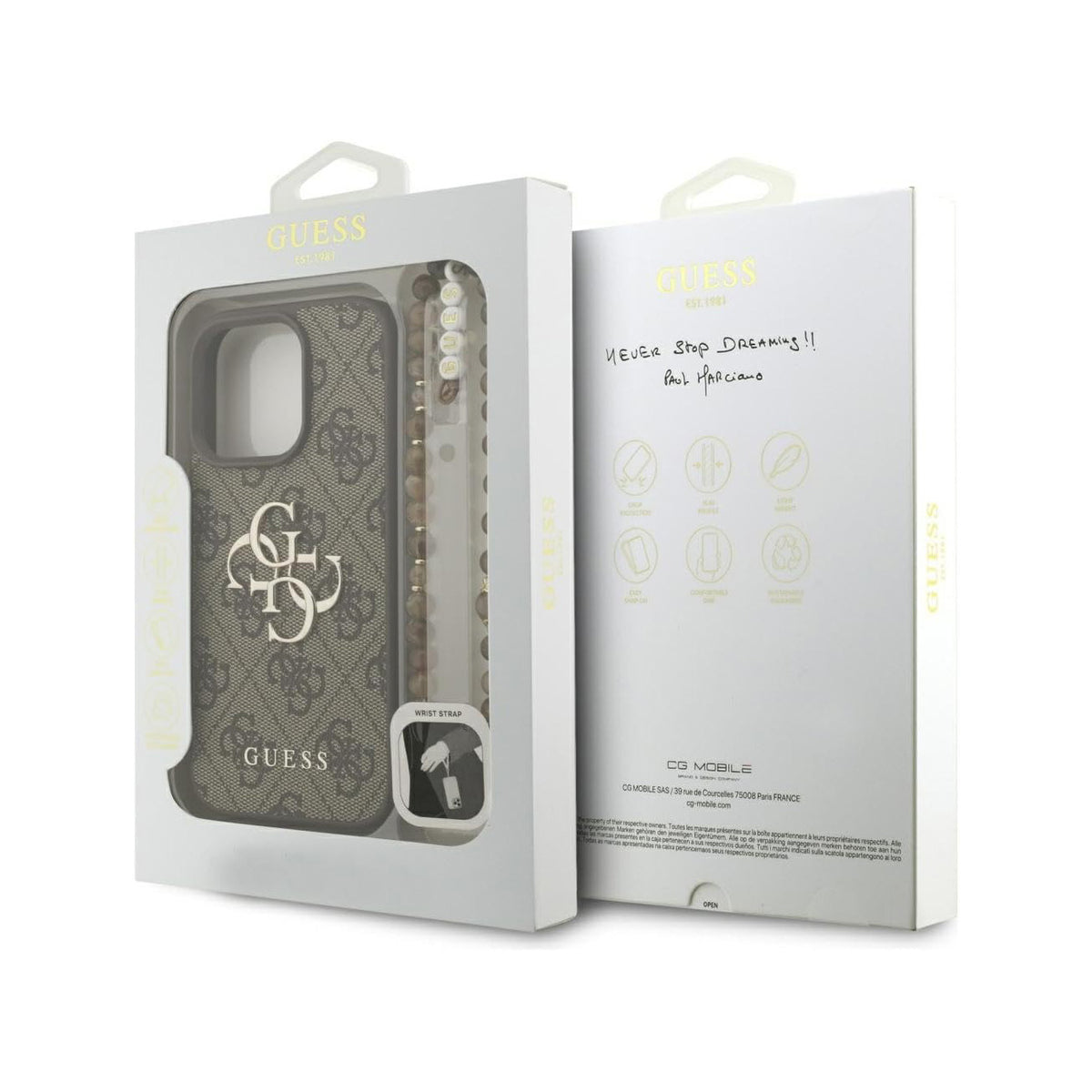 Guess Funda de Polipiel Logo 4G Clásico para iPhone 16 Pro Max con Correa de Perlas y Protección Anticaídas, Marrón
