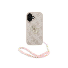 GUESS Funda para iPhone 16 – Carcasa de Polipiel Rosa con Logo 4G Clásico y Correa de Perlas, Diseño Elegante y Ajuste Preciso