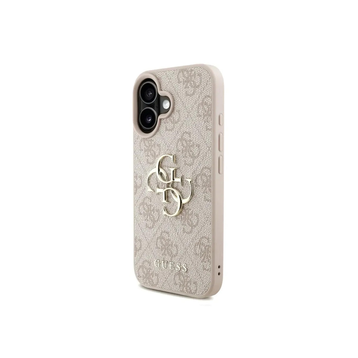 GUESS Funda de Polipiel Logo 4G Clásico para iPhone 16 con Correa de Perlas y Protección Anticaídas, Rosa