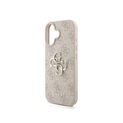 GUESS Funda para iPhone 16 – Carcasa de Polipiel Rosa con Logo 4G Clásico y Correa de Perlas, Diseño Elegante y Ajuste Preciso