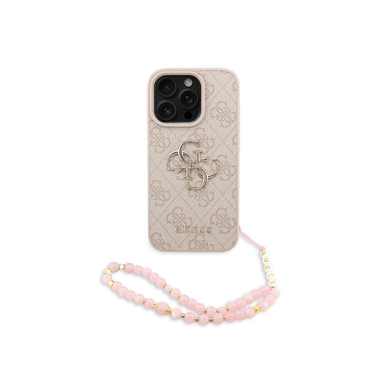 GUESS Funda de Polipiel Logo 4G Clásico para iPhone 16 Pro con Correa de Perlas y Protección Anticaídas, Rosa