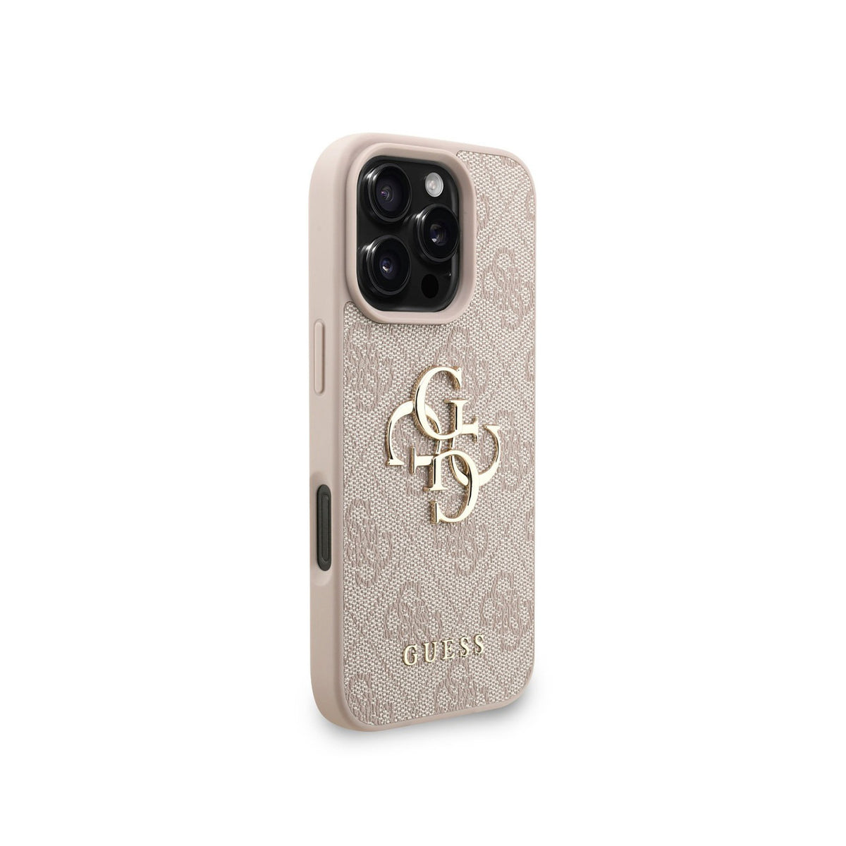 GUESS Funda de Polipiel Logo 4G Clásico para iPhone 16 Pro con Correa de Perlas y Protección Anticaídas, Rosa