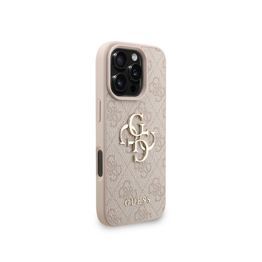 GUESS Funda de Polipiel Logo 4G Clásico para iPhone 16 Pro con Correa de Perlas y Protección Anticaídas, Rosa