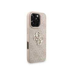GUESS Funda para iPhone 16 Pro – Carcasa de Polipiel Rosa con Logo 4G Clásico y Correa de Perlas, Diseño Elegante y Ajuste Preciso