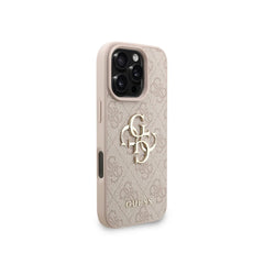 GUESS Funda de Polipiel Logo 4G Clásico para iPhone 16 Pro Max con Correa de Perlas y Protección Anticaídas, Rosa
