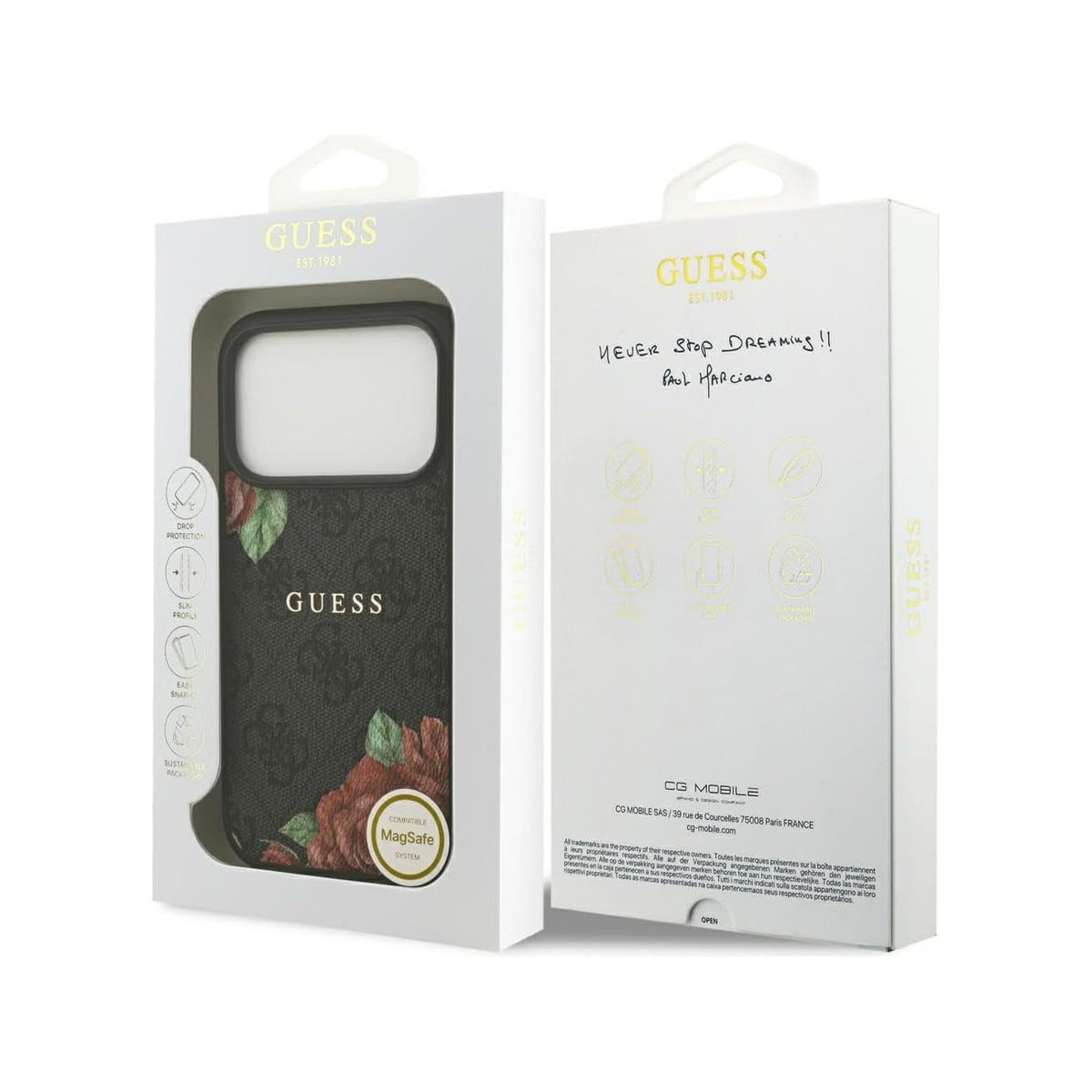 GUESS Funda Estampado 4G Flores para iPhone 17 Pro/18 Pro Compatible con MagSafe, Negra