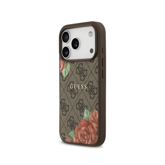 GUESS Funda para iPhone 17 Pro – Carcasa con MagSafe Estampado 4G Flores Marrón, Diseño Elegante y Ajuste Preciso