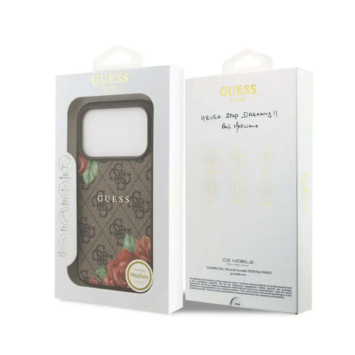 GUESS Funda Estampado 4G Flores para iPhone 17 Pro/18 Pro Compatible con MagSafe, Marrón