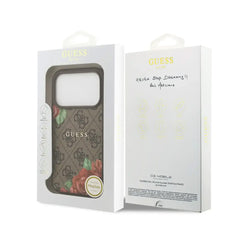 GUESS Funda para iPhone 17 Pro – Carcasa con MagSafe Estampado 4G Flores Marrón, Diseño Elegante y Ajuste Preciso