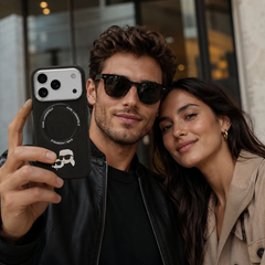 KARL LAGERFELD iPhone 17 Pro Case – Black PU Case with MagSafe with K&C Pins, Elegant Design and Precise Fit