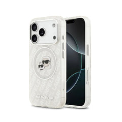 KARL LAGERFELD Funda con Logo Karl & Choupette Brillante para iPhone 17 Pro Compatible con MagSafe, Gris