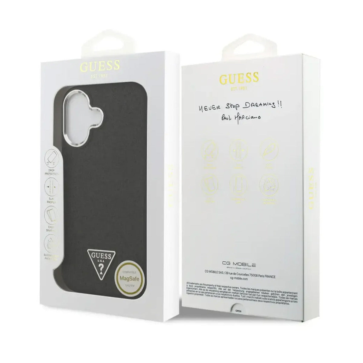 Guess Funda de Polipiel con Purpurina para iPhone 17 Compatible con MagSafe y Protección Anticaídas, Negra