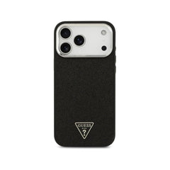 Guess Funda de Polipiel con Purpurina para iPhone 17 Pro Max Compatible con MagSafe y Protección Anticaídas, Negra