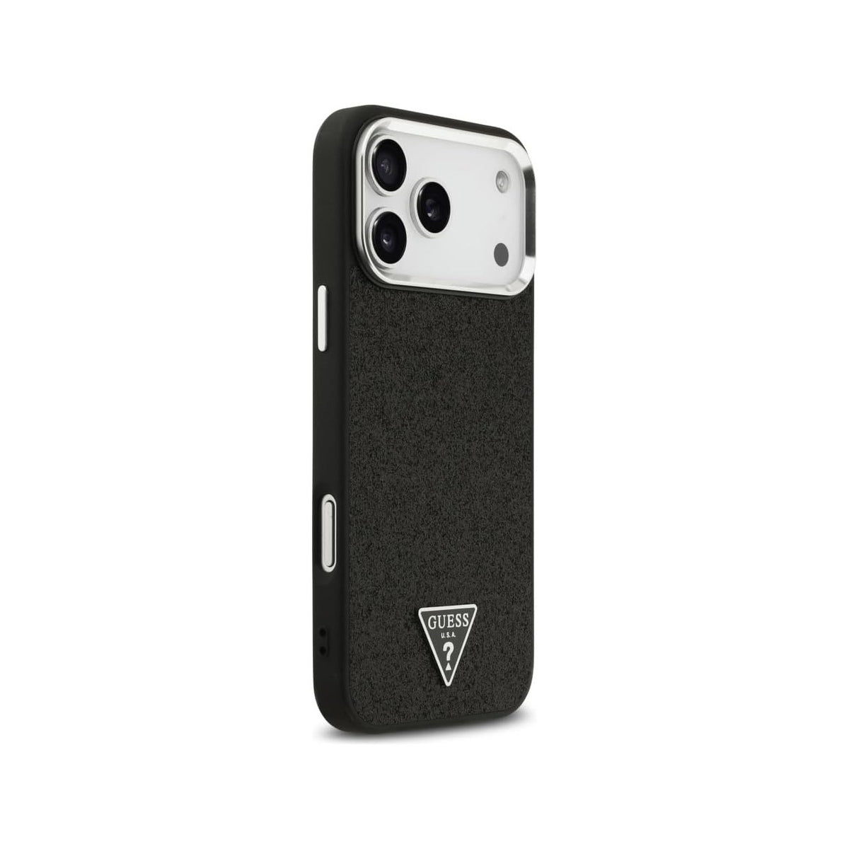 Guess Funda de Polipiel con Purpurina para iPhone 17 Pro Compatible con MagSafe y Protección Anticaídas, Negra