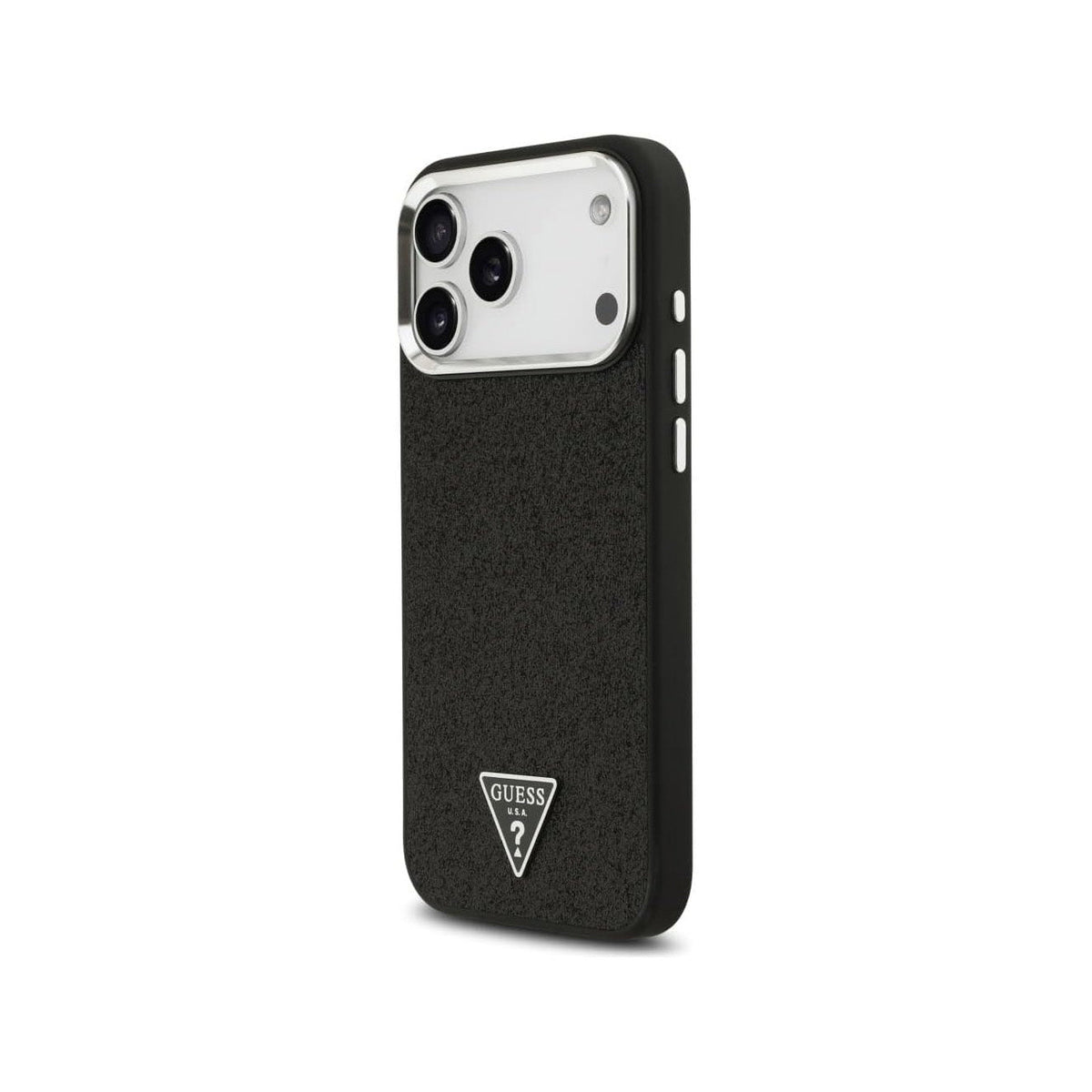 Guess Funda de Polipiel con Purpurina para iPhone 17 Pro Compatible con MagSafe y Protección Anticaídas, Negra