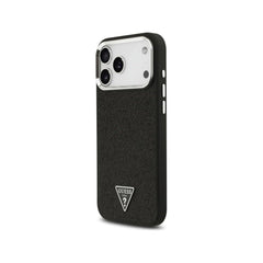 Guess Funda de Polipiel con Purpurina para iPhone 17 Pro Compatible con MagSafe y Protección Anticaídas, Negra