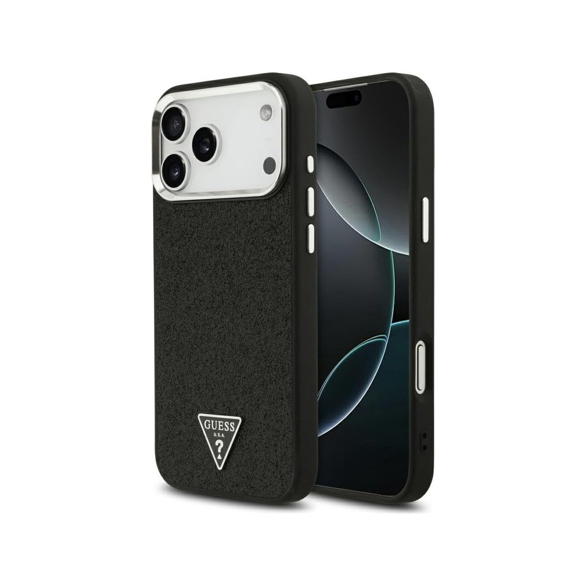 Guess Funda de Polipiel con Purpurina para iPhone 17 Pro Max/18 Pro Max Compatible con MagSafe y Protección Anticaídas, Negra