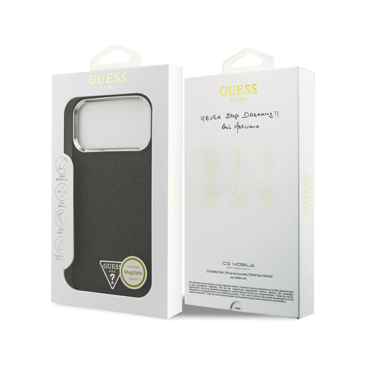 Guess Funda de Polipiel con Purpurina para iPhone 17 Pro Compatible con MagSafe y Protección Anticaídas, Negra