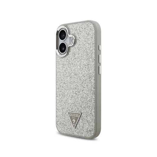 Guess Funda para iPhone 17 – Carcasa con MagSafe, Purpurina Plata y Logo Triangular, Protección Anticaídas y Ajuste Preciso