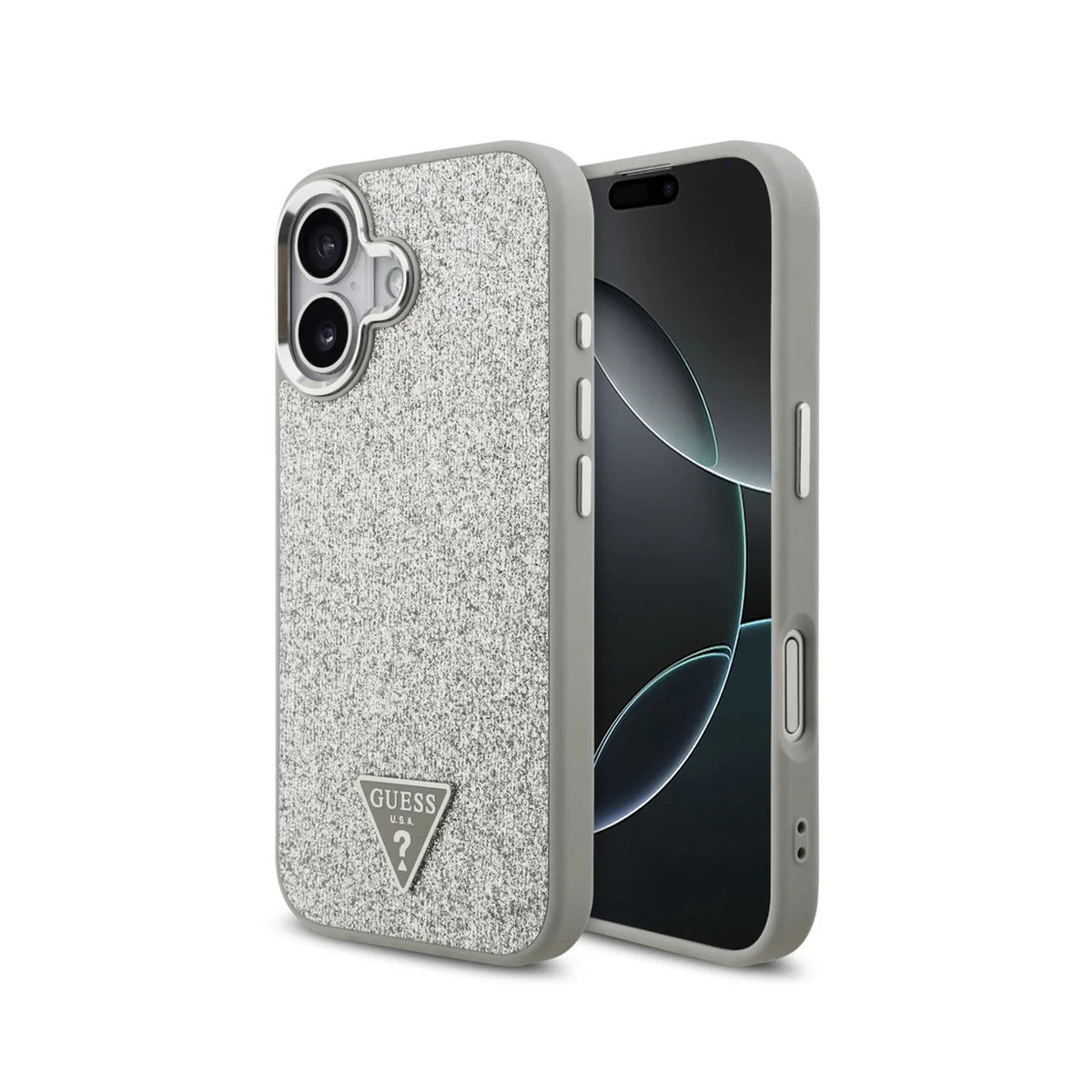 Guess Funda con Purpurina y Logo Triangular para iPhone 17 Compatible con MagSafe y Protección Anticaídas, Plata