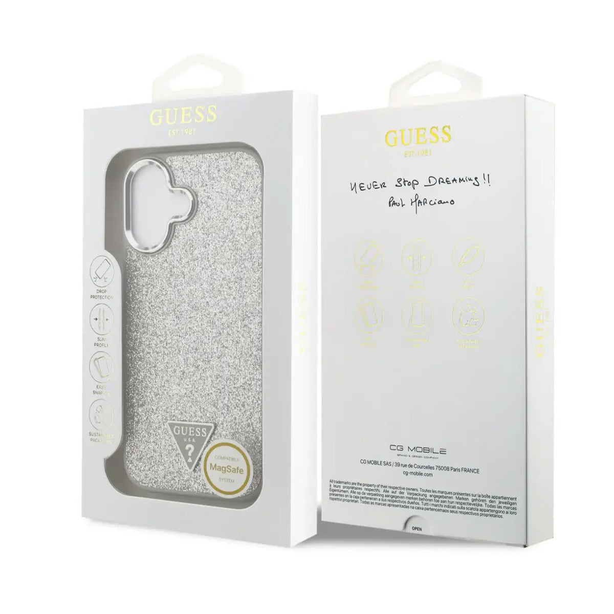 Guess Funda con Purpurina y Logo Triangular para iPhone 17 Compatible con MagSafe y Protección Anticaídas, Plata