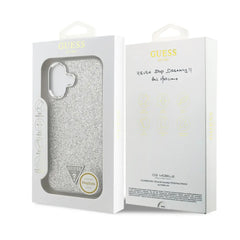 Guess Funda para iPhone 17 – Carcasa con MagSafe, Purpurina Plata y Logo Triangular, Protección Anticaídas y Ajuste Preciso