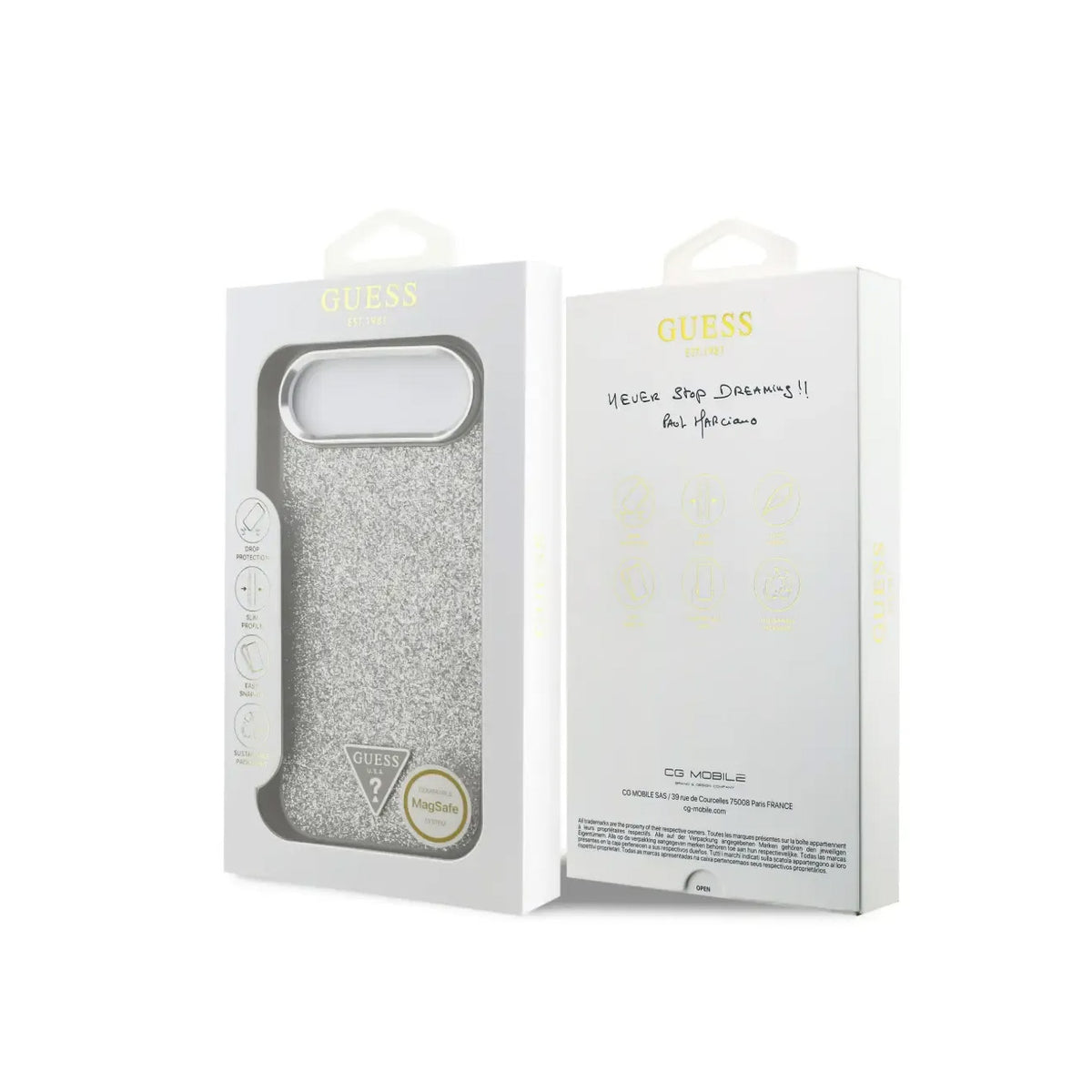 GUESS Funda de Polipiel con Purpurina para iPhone Air Compatible con MagSafe y Protección Anticaídas, Plata