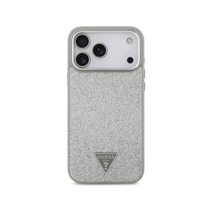 Guess Funda para iPhone 17 Pro – Carcasa de Polipiel con Purpurina Plata Compatible con MagSafe, Protección Anticaídas y Ajuste Preciso