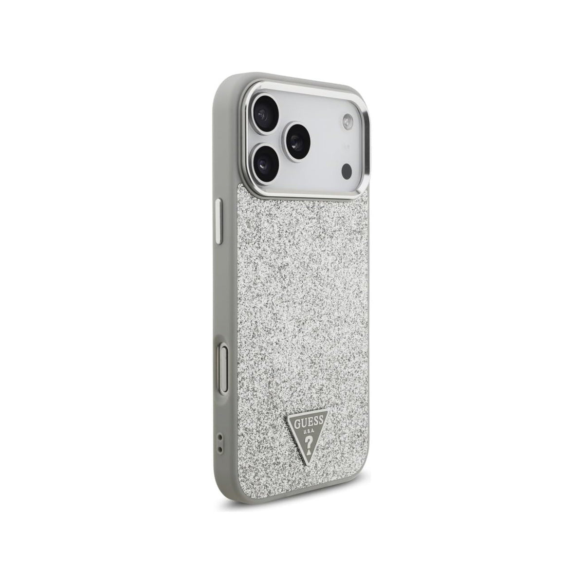 Guess Funda de Polipiel con Purpurina para iPhone 17 Pro Max/18 Pro Max Compatible con MagSafe y Protección Anticaídas, Plata
