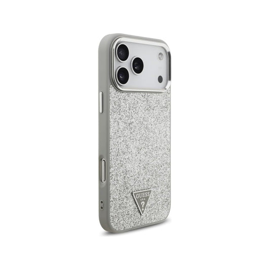 Guess Funda para iPhone 17 Pro Max – Carcasa de Polipiel con Purpurina Plata Compatible con MagSafe, Protección Anticaídas y Ajuste Preciso
