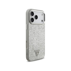 Guess Funda para iPhone 17 Pro Max – Carcasa de Polipiel con Purpurina Plata Compatible con MagSafe, Protección Anticaídas y Ajuste Preciso