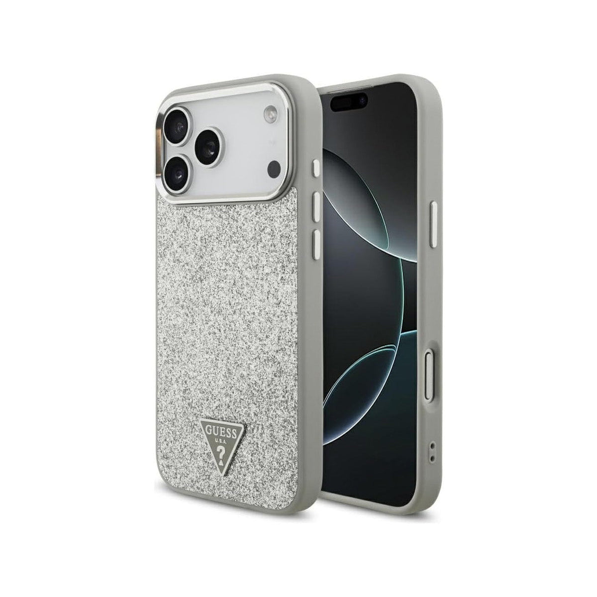 Guess Funda de Polipiel con Purpurina para iPhone 17 Pro Max/18 Pro Max Compatible con MagSafe y Protección Anticaídas, Plata