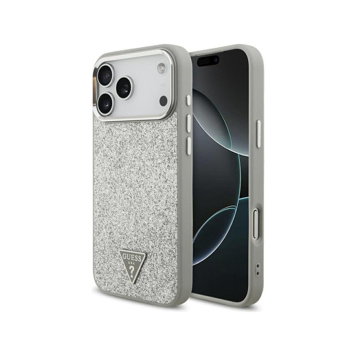 GUESS Funda de Polipiel con Purpurina para iPhone 17 Pro/18 Pro Compatible con MagSafe, Plata