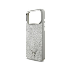 Guess Funda para iPhone 17 Pro – Carcasa de Polipiel con Purpurina Plata Compatible con MagSafe, Protección Anticaídas y Ajuste Preciso